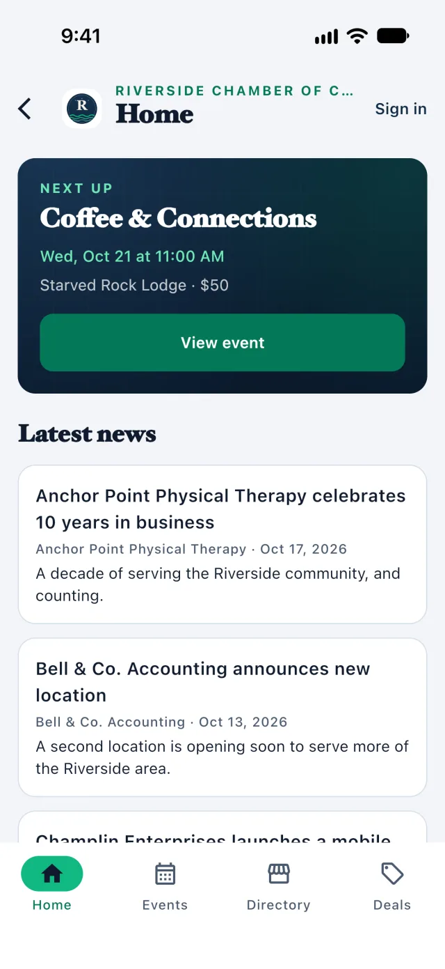Chamber Culture app Home for the Riverside demo chamber: the next event, Coffee & Connections, above the latest member news