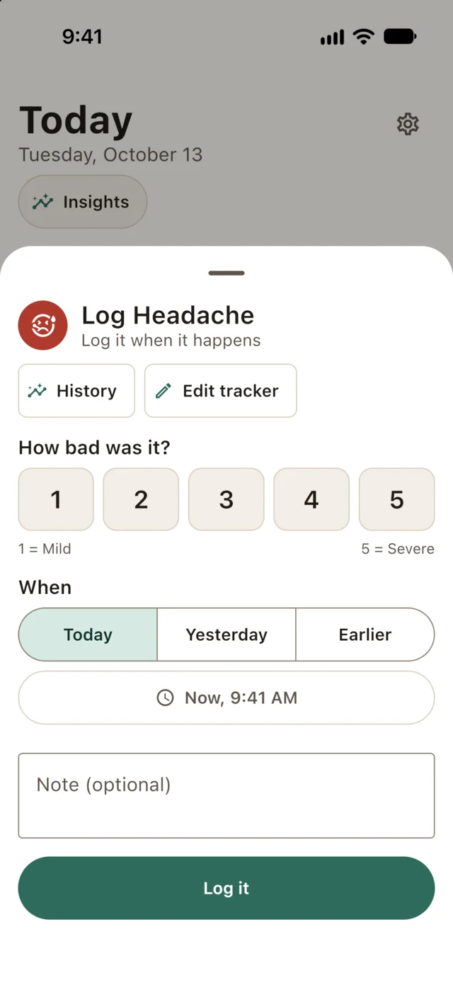 Everso log sheet for a Headache symptom: severity from 1 to 5, when it happened and an optional note