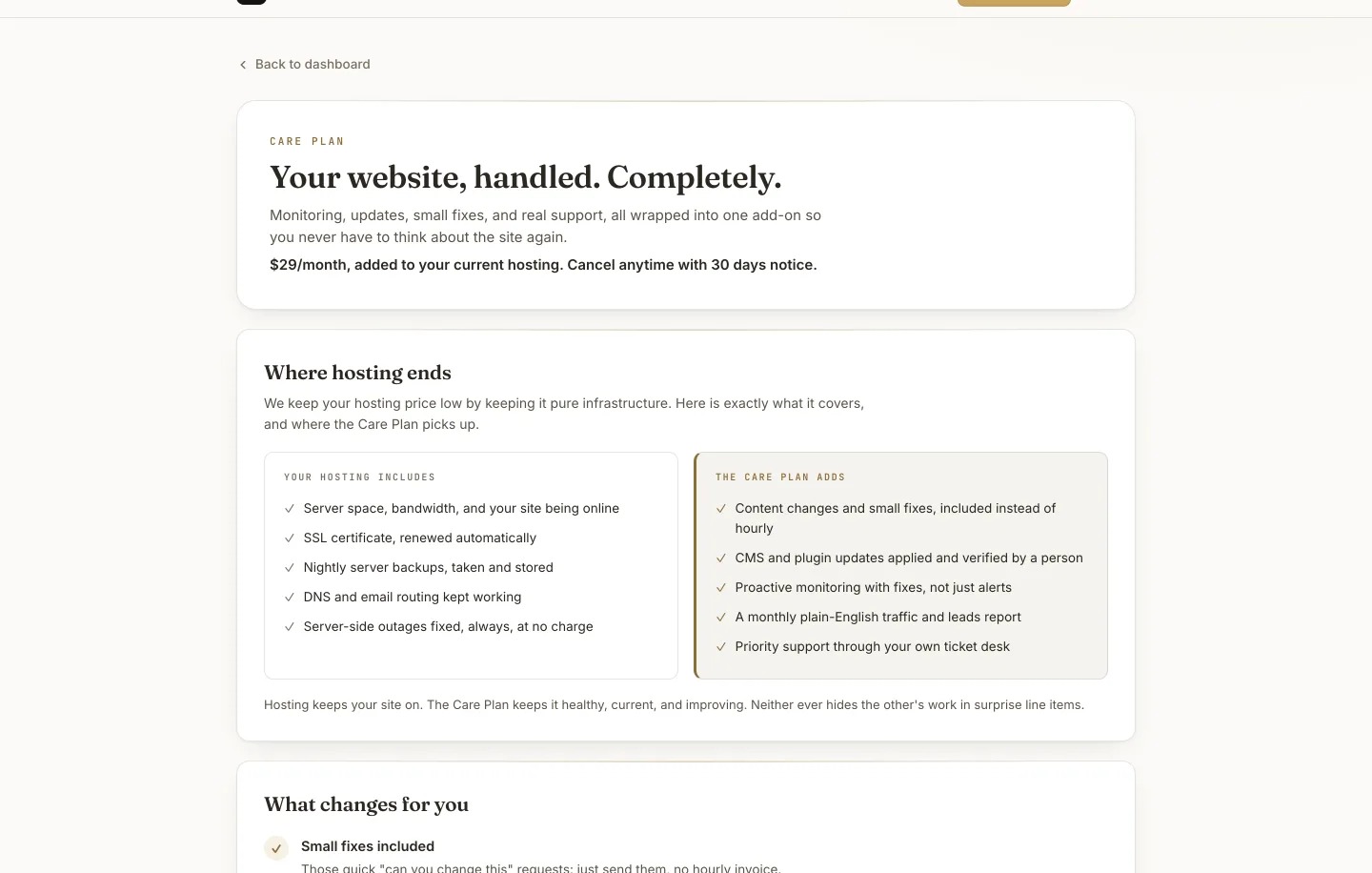 The Care Plan page inside the client portal, showing what hosting includes, what the Care Plan adds, and the online signed agreement