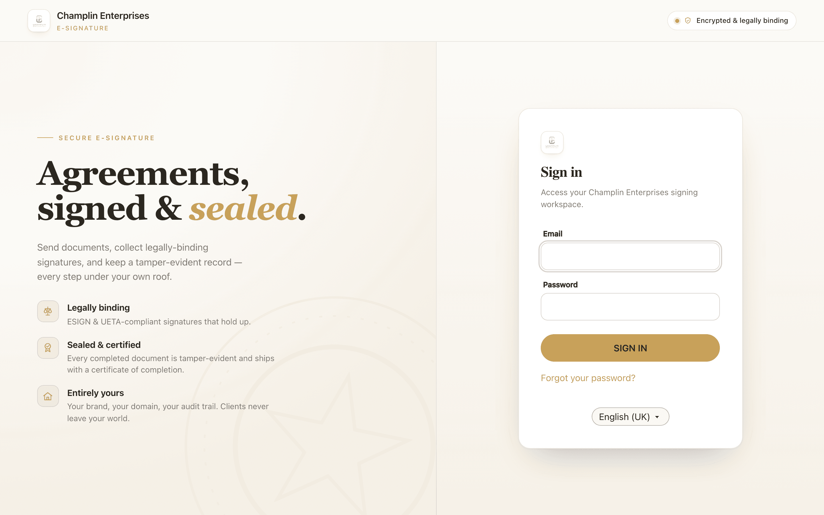 CE E-Sign — our own branded e-signature platform for legally binding agreements