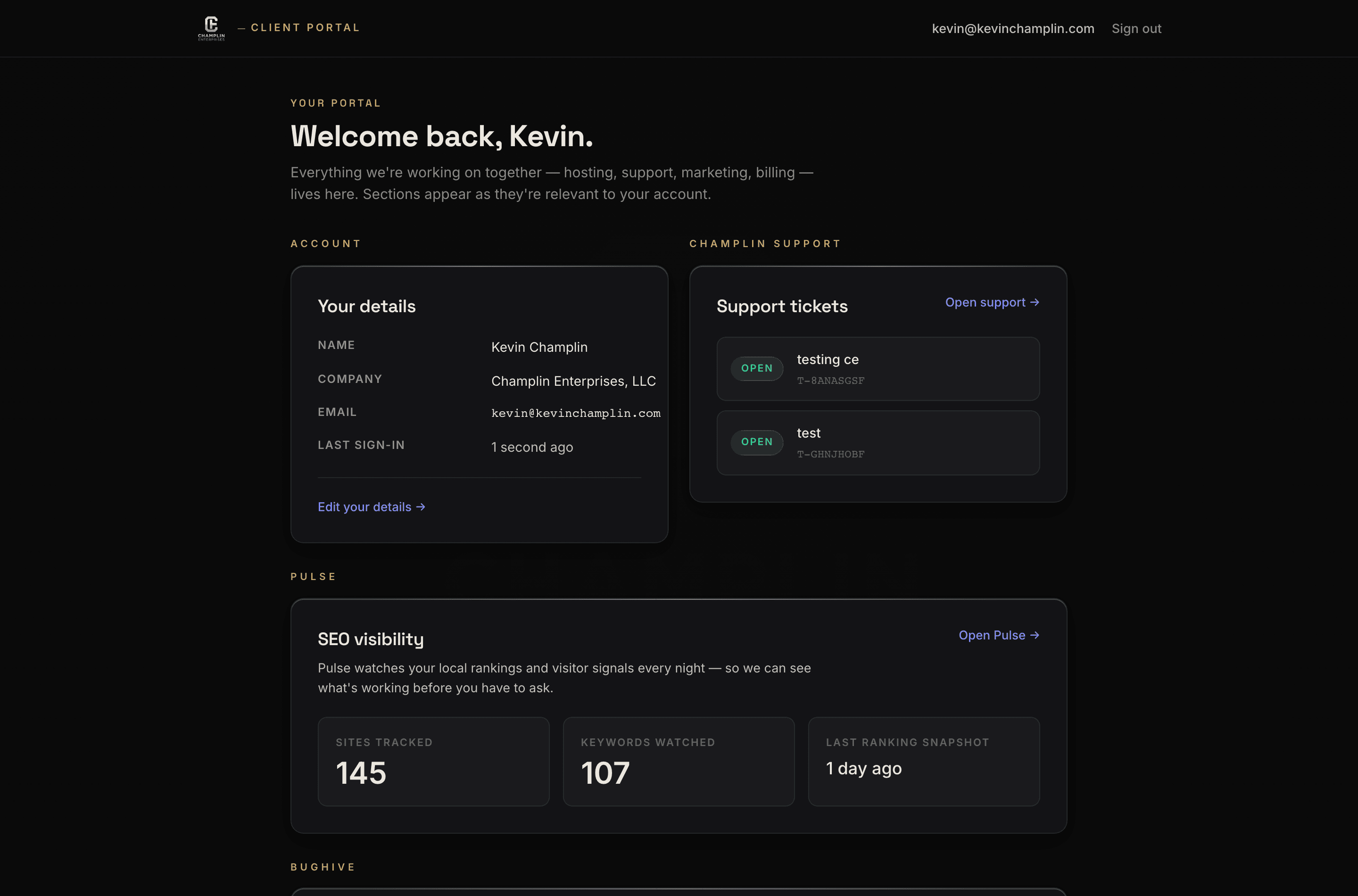 CE Client Portal dashboard — one login showing account details, support tickets, SEO visibility, and more