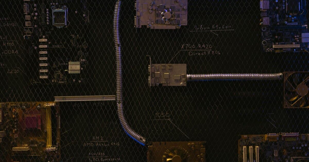 Artistic arrangement of circuit boards and cables symbolizes modern technology.
