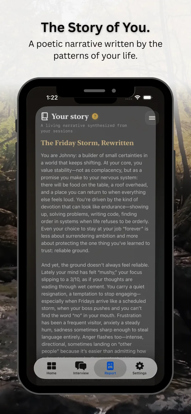 The Mirror on iPhone: The Story of You, a narrative written from the patterns in your entries