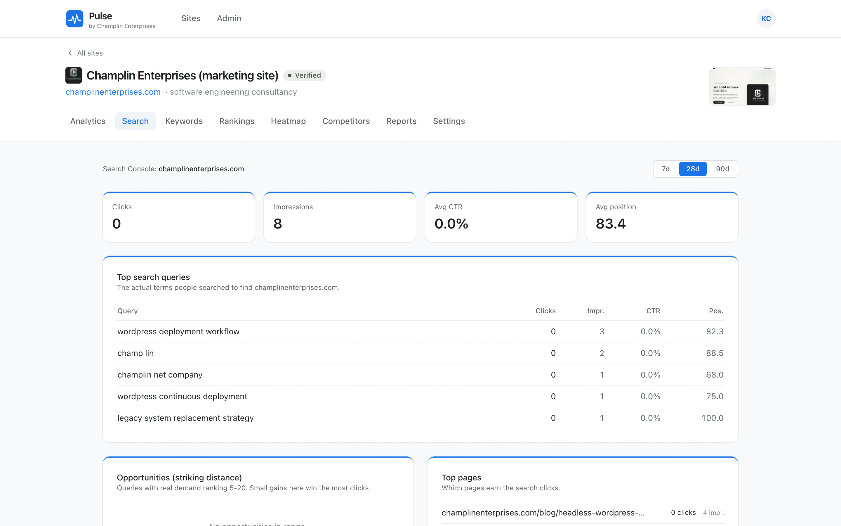 Pulse search console view — real query data, clicks, impressions, average position, and striking-distance opportunities