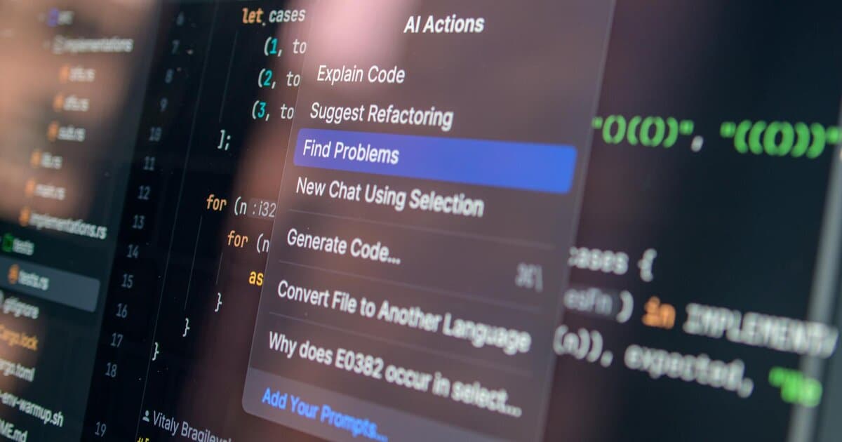 Close-up of AI-assisted coding with menu options for debugging and problem-solving.