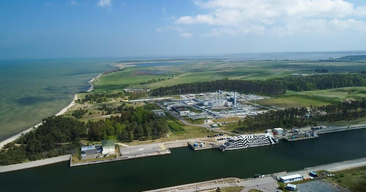 Breathtaking aerial view of Lubmin's industrial port and landscape, showcasing a coastal receiving station.