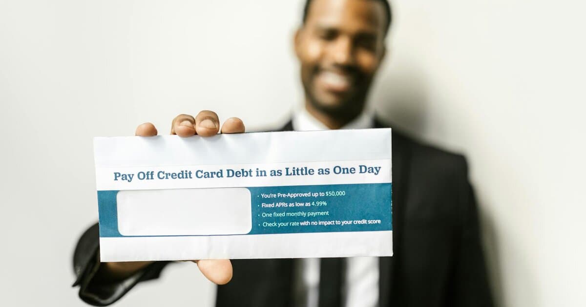 African American man holding envelope emphasizing credit card debt relief options.