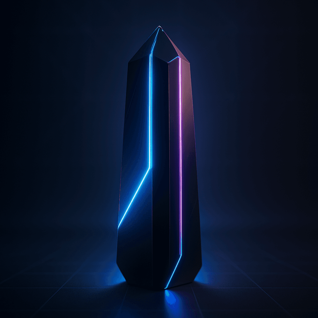 Abstract midnight-black monolith with electric-blue and violet light seams representing Anthropic Claude Opus 4.8