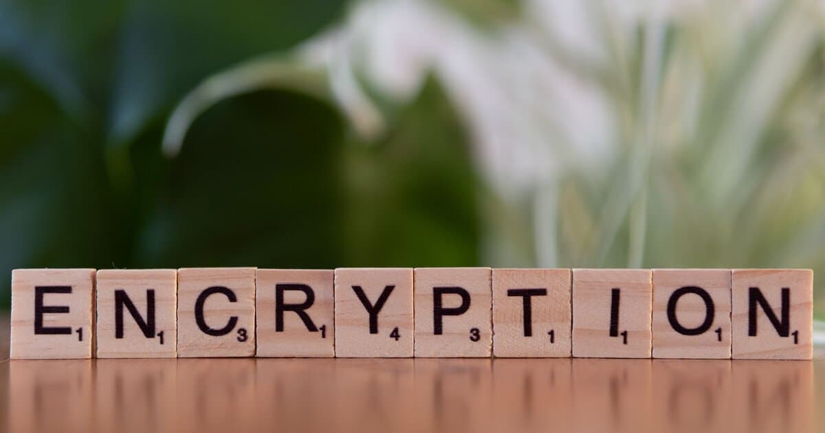 Close-up of wooden blocks spelling 'encryption', symbolizing data security and digital protection.