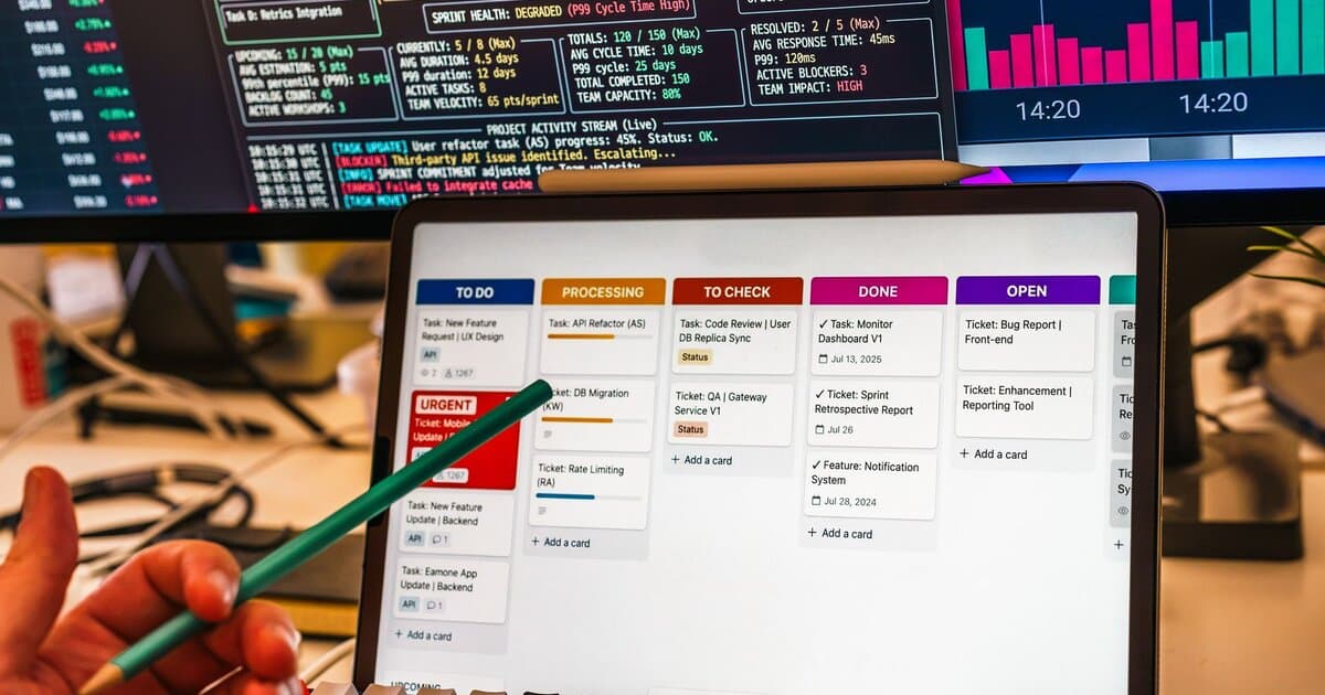 Detailed view of a business workflow setup with tablet and multiple screens displaying data charts.