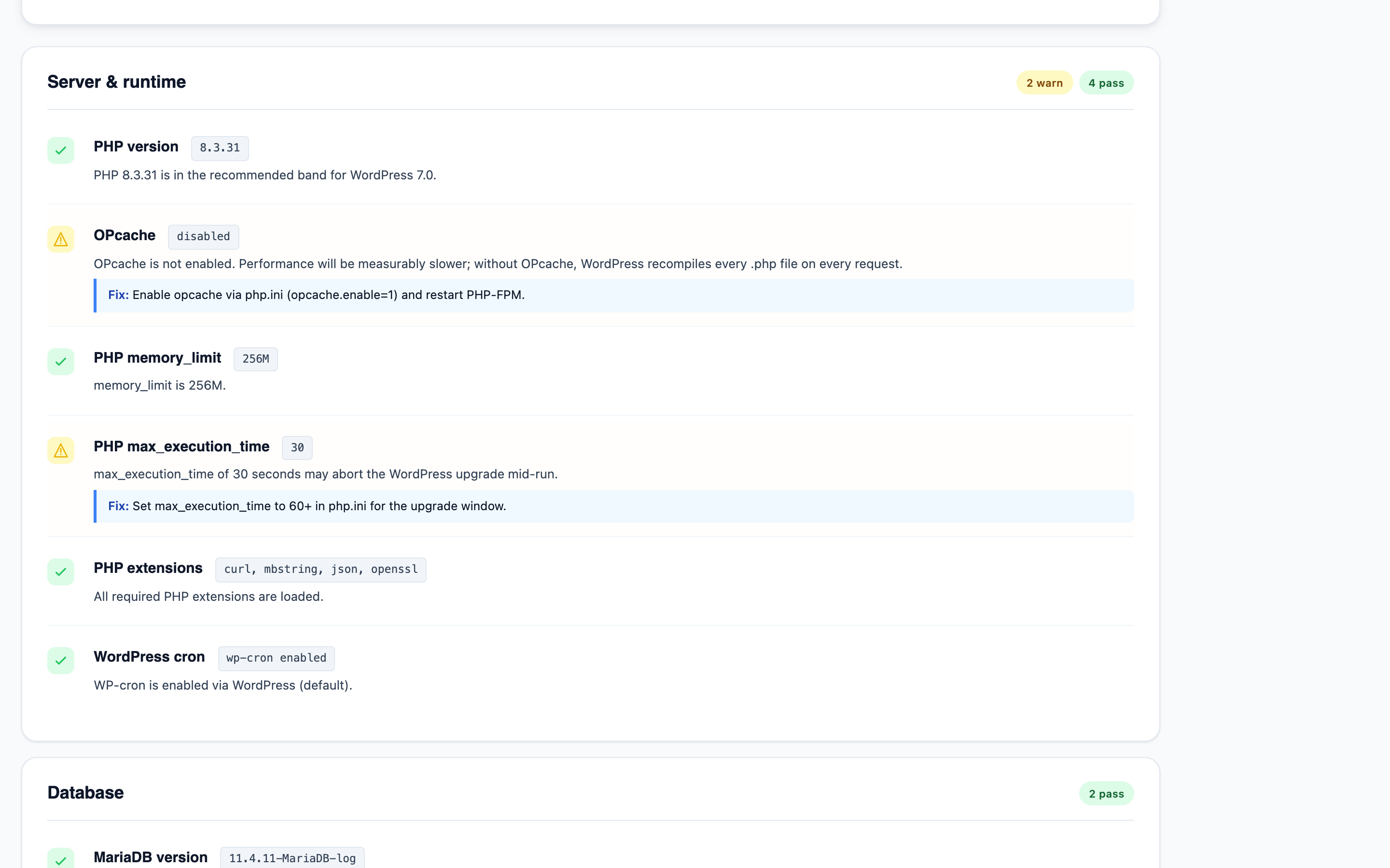 Detailed findings view showing color-coded status icons, technical detail, and remediation hints per check.